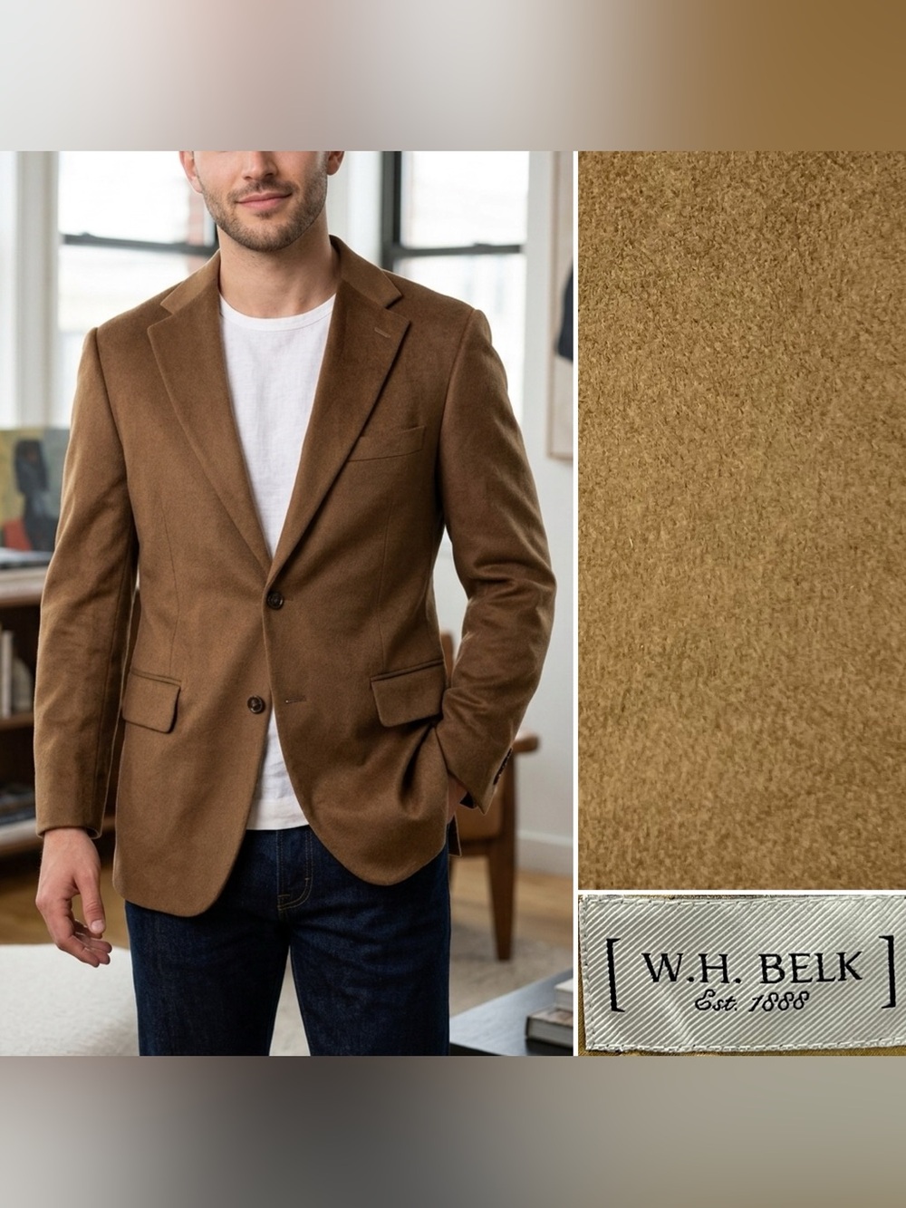 W.H. Belk Men's 40S Brown 100% Cashmere 2-Button Blazer Jacket Sport Coat
